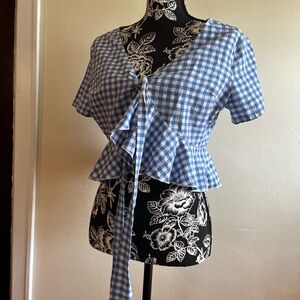 SHEIN Blue Gingham Tie-Front Ruffle Crop Top